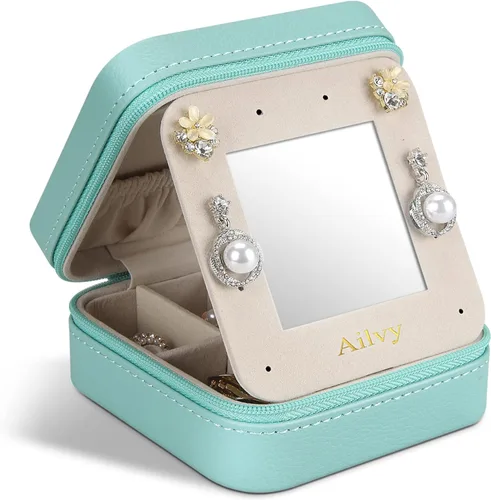 Ailvy Organizador de joyas de viaje con espejo, joyero pequeño, portátil, estuche de joyería para aretes, anillos, collares, pulseras, regalo para