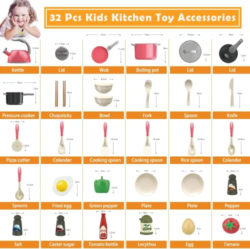 Miniatura 3 de Bruvoalon Juego de 32 juguetes de cocina para niños, accesorios de cocina con ollas, sartenes, utensilios de cocina, alimentos, verduras enlatadas