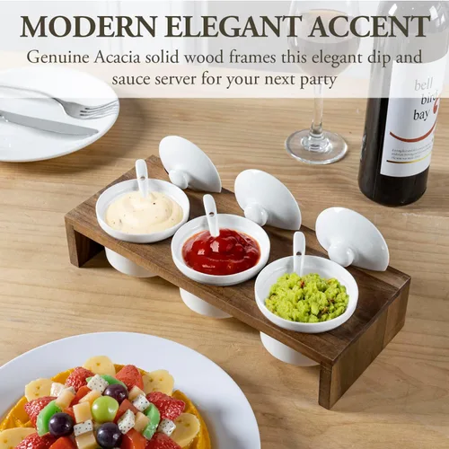 Miniatura 9 de MyGift Juego de Servir de Condimentos de 10 Piezas Incluye Bandeja de Presentación Elevada de Madera Sólida de Acacia Premium y 3 Cuencos