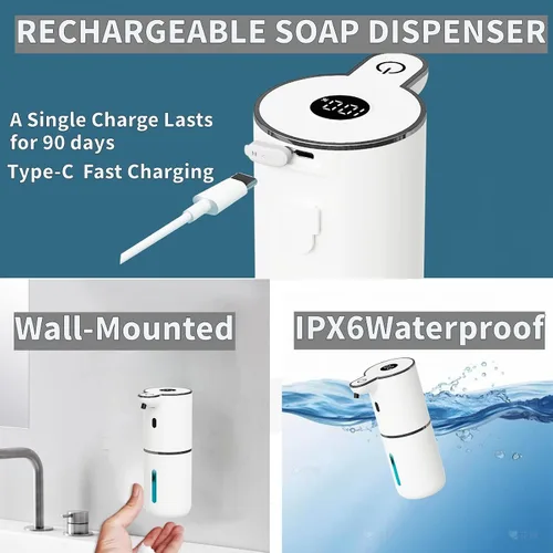 Miniatura 5 de Dispensador automático de jabón sin contacto, dispensador de jabón espumoso, 6 niveles ajustables, manos libres, dispensador recargable por USB