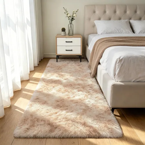 Miniatura 51 de Alfombra peluda para dormitorio, sala de estar, 2 x 6 pies, antideslizante, esponjosa, suave, alfombra lanuda beige y blanca para sala de estar