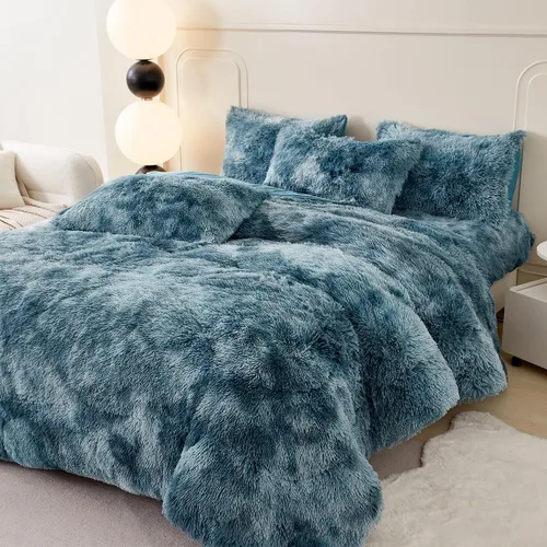 Miniatura 11 de PERFEMET Juego de cama de 3 piezas de felpa azul peluda tamaño queen, estampado de teñido largo, ropa de cama arcoíris de piel sintética para niñas