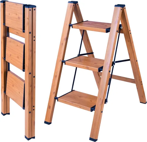 Miniatura 6 de Escalera plegable de 3 peldaños con acabado dorado champán, trípode antideslizante, máximo 330 libras