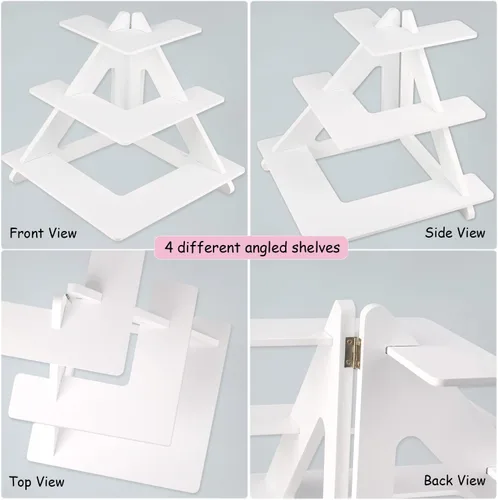 Miniatura 7 de Soporte para 24 cupcakes – Soporte rústico para cupcakes de 3 niveles plegable de madera – Soporte blanco para cupcakes – Torre de cupcakes