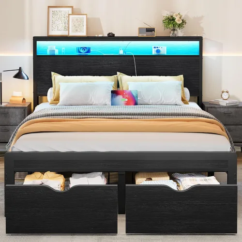 Miniatura 3 de FAVOOSTY Base de cama de tamaño matrimonial con cabecera de 2 niveles, plataforma de metal con 2 cajones de almacenamiento, luces LED y estación