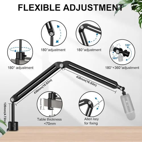 Miniatura 3 de Brazo de suspensión para micrófono Aokeo AK-45, soporte de escritorio ajustable y compacto para micrófono de suspensión tipo tijera para Blue Yeti