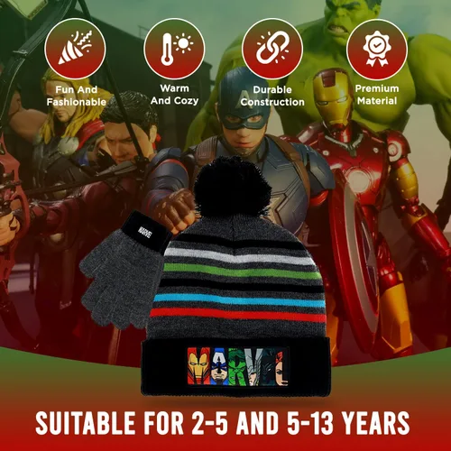 Miniatura 3 de Marvel Avengers - Conjunto de sombreros de invierno y guantes de nieve para niños y niños pequeños con lindos mitones y gorro suave, pompón esponjoso
