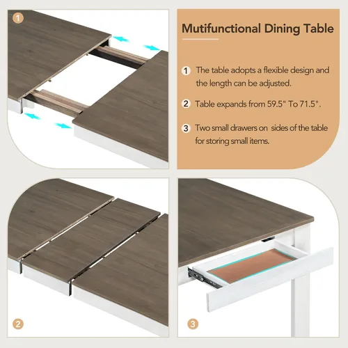 Miniatura 3 de Juego de comedor de madera de 7 piezas, mesa extensible multifuncional con hojas de 12 pulgadas y 2 cajones, más 6 cómodas sillas de comedor