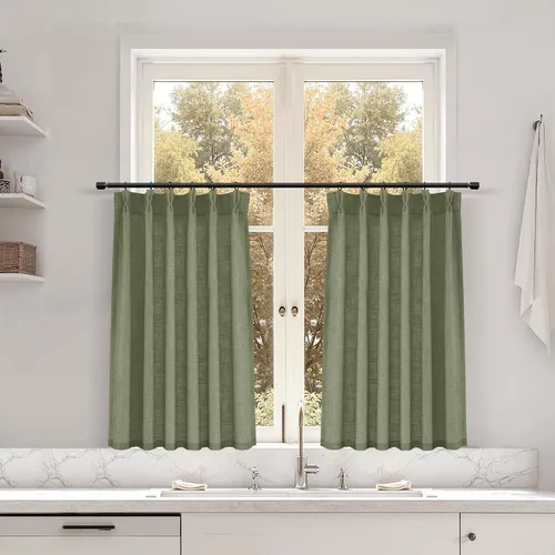 Miniatura 164 de Juego de 2 paneles de cortinas de ventana de cocina beige de 24 pulgadas de largo, con textura de lino, plisadas, filtrantes de luz, semi pequeñas