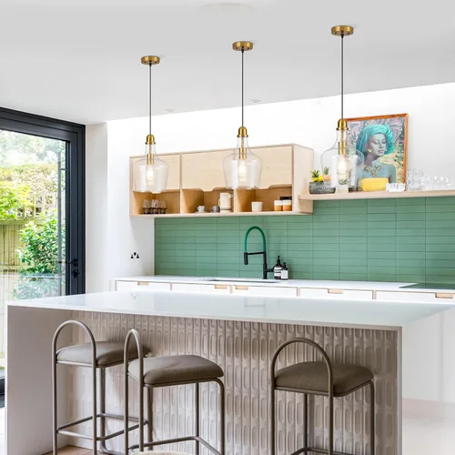 Miniatura 3 de Lámpara Colgante de Vidrio Moderna de Latón 1 Luz Individual con Cúpula Luminarias Colgantes para Isla de Cocina Comedor Pasillo, Diámetro 9 Latón