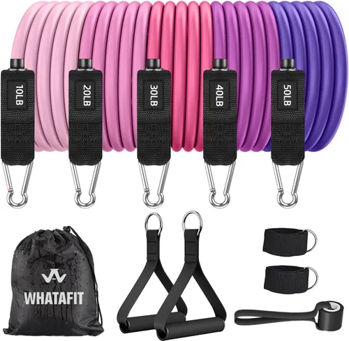 WHATAFIT Bandas de resistencia, bandas de ejercicio, bandas de resistencia para entrenamiento, bandas de entrenamiento con asas para hombres y Rosa