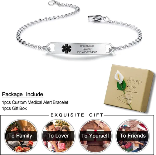 Miniatura 7 de Kurafeel Pulseras de alerta médica personalizadas para mujeres, hombres y niños, cadena cubana grande de 0.315in, pulseras de identificación médica