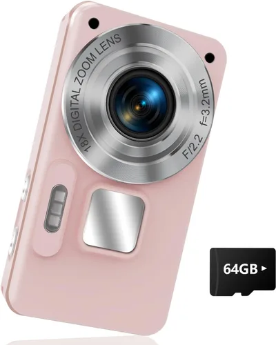 Cámara digital para niños UHD 4K Fotografía: cámaras de apuntar y disparar de 64 MP para vlogging con tarjeta de 64 GB 18X Zoom- Cámara compacta