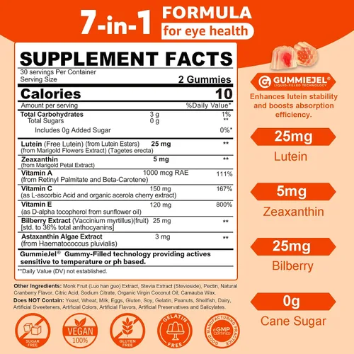Miniatura 2 de Suplementos de luteína y zeaxantina sin azúcar (25 mg) Vitaminas A, C, E, arándano, astaxantina, aceite de coco para una mejor absorción, salud