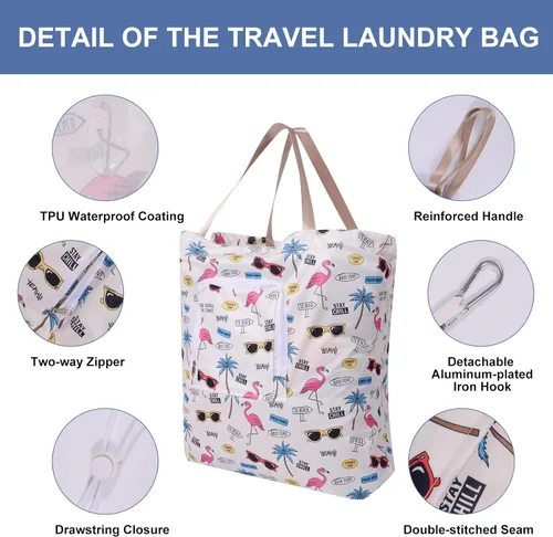 Miniatura 2 de Paquete de 2 bolsas de lavandería de viaje con asa y cordón, bolsas plegables expandibles para ropa sucia con gancho y cremallera, 23 x 20 pulgadas