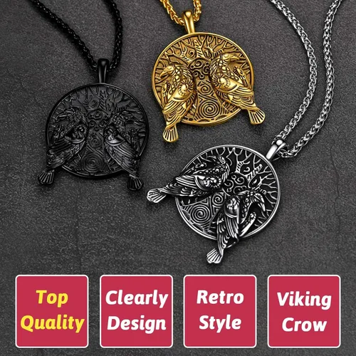 Miniatura 6 de FaithHeart Collar de cuervo vikingo nórdico para hombres y mujeres, joyería de cuervo celta vintage, se puede grabar, Acero inoxidable, Circonia