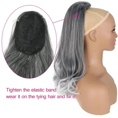 Miniatura 6 de Oseti Extensiones de cabello de cola de caballo gris con cordón para mujeres negras, 18 pulgadas, extensiones de cabello sintético rizado con clip