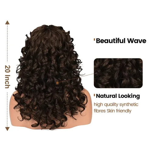 Miniatura 3 de Flufymooz Peluca rizada con flequillo para mujeres negras, 20 pulgadas, color marrón nogal, peluca de pelo largo, rizos con flequillo ondulado