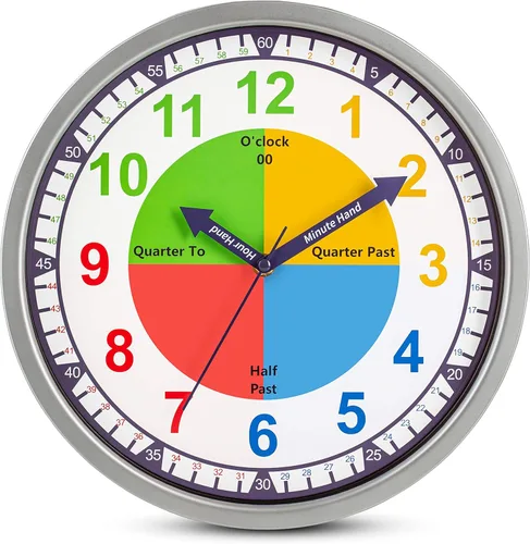Bernhard Products Reloj de pared colorido para niños, para enseñar el tiempo, silencioso, sin tictac, herramienta de aprendizaje educativa, números