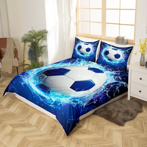 Miniatura 2 de Juego de ropa de cama de fútbol para niñas y niños, tamaño individual, juego de funda de edredón con temática deportiva, funda de edredón decorativa
