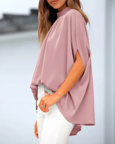 Miniatura 58 de BTFBM Blusas de verano para mujer, cuello alto falso, manga murciélago, holgadas, dobladillo alto y bajo, blusas informales de gran