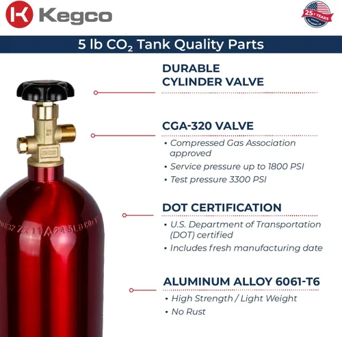 Miniatura 4 de Kegco 3PB5-RED 5 lb. Tanque de aluminio de Co2 con acabado epoxi rojo eléctrico