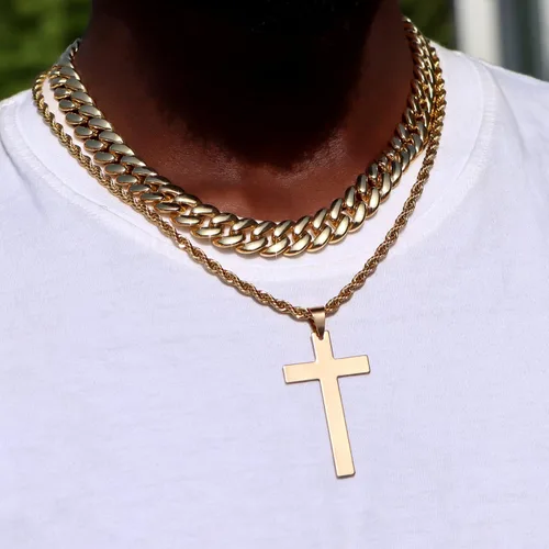 Miniatura 2 de 2 collares de cruz para hombres y mujeres, cadena de eslabones cubanos de plata dorada y negra para hombres, cadena de cuerda en capas, collar