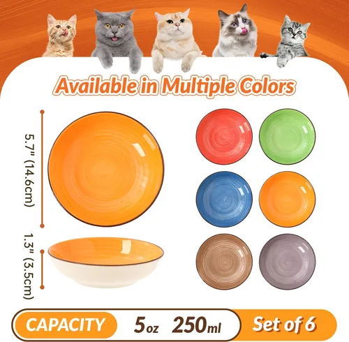 Miniatura 2 de Juego de cuencos coloridos de cerámica para gatos, paquete de 6 platos para gatos aptos para bigotes para alimentos y agua, platos de 5.7 pulgadas