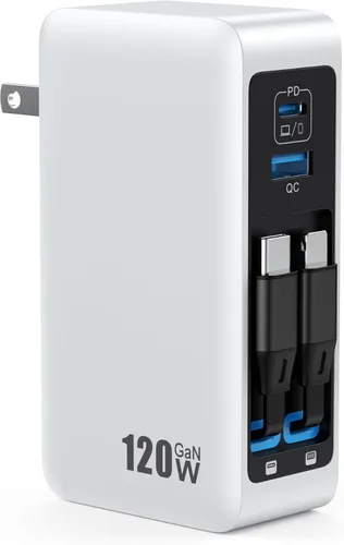 Bloque de cargador USB C de 120W con 2 cables retráctiles integrados, cargador de pared con enchufe plegable GaN IV 4 en 1, estación de carga