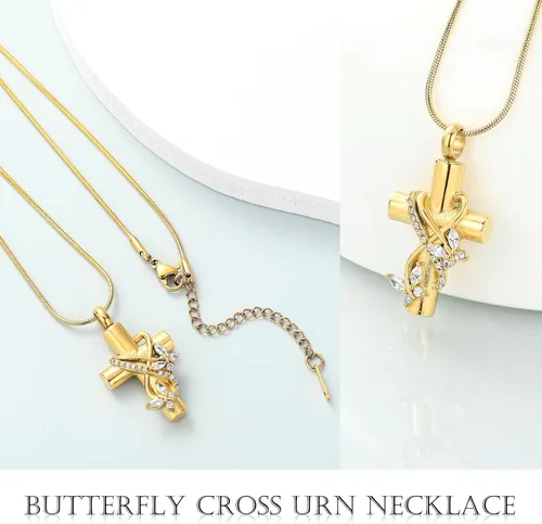 Miniatura 3 de Imrsanl Collar de urna de cruz de mariposa para cenizas, hombres y mujeres, joyería de cremación, colgante de cenizas para cenizas conmemorativas