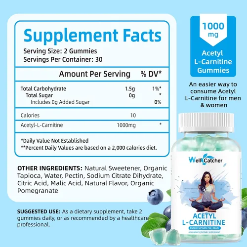 Miniatura 3 de Suplemento de acetil L-carnitina de 1000 mg - Gomitas de Alcar L-carnitina sin azúcar para hombres y mujeres, apoyo a la resistencia muscular, salud