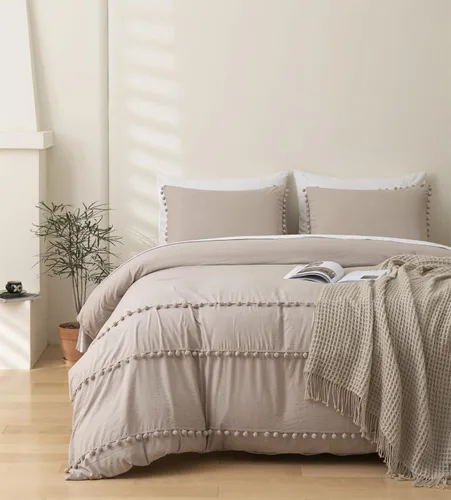 Miniatura 7 de INFLAG Funda de edredón de tamaño individual con pompones, juego de ropa de cama de microfibra bohemia de 3 piezas, 1 funda de edredón de 66 x 90