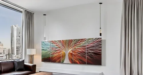 Miniatura 5 de Yihui Arts Arte abstracto de metal para pared, árbol de la vida, hecho a mano, 5 piezas, paneles grandes, grandes, únicos, de aluminio 3D, moderno