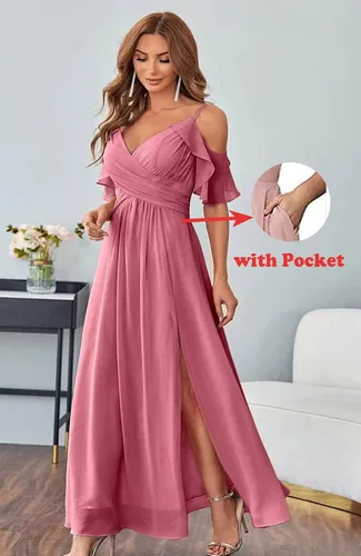 Miniatura 3 de V-Neck Bridesmaid Dresses with Pockets A-Line Long Chiffon Formal Party Dresses with Slit HY016
