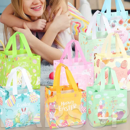 Miniatura 7 de PARSUP 8 bolsas de Pascua con diseño de conejo, zanahoria, huevos de gallina, bolsas no tejidas con asas para envolver regalos, caza de huevos