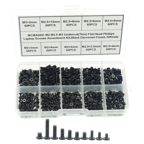 Miniatura 9 de Kit surtido de tornillos Phillips de cabeza plana M2 M2.5 M3 para laptop, acabado negro Dacromet (300)