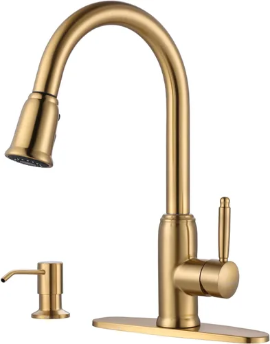 Miniatura 10 de Grifo de cocina de oro negro con rociador: WOWOW Grifo de fregadero de cocina de acero inoxidable 304 para 1 o 3 agujeros, llave mezcladora de arco