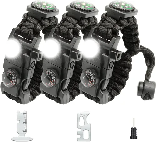 Brazalete de paracord de supervivencia 20 en 1, kit de equipo ajustable con luz LED SOS, arrancador de fuego, brújula más grande, silbato de Negro