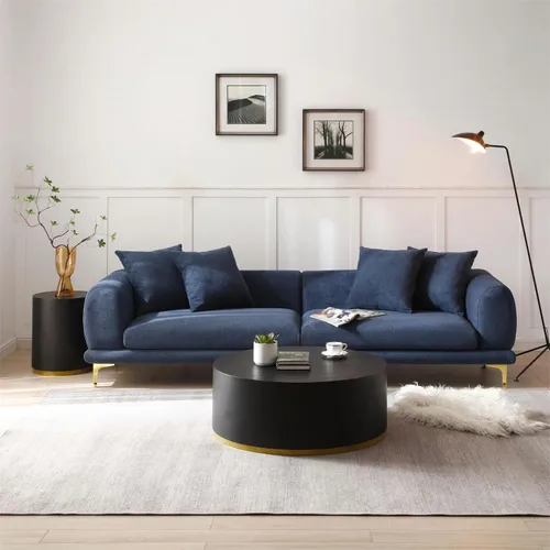 Miniatura 5 de KEVINSPACE Mesa auxiliar negra con borde dorado en la parte inferior, mesa de centro redonda para espacios pequeños, mesa auxiliar de madera mesita