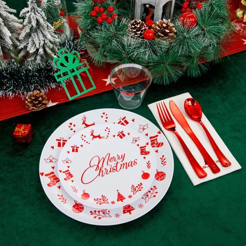 Miniatura 4 de Liacere 175 piezas de platos desechables de plástico navideños rojos y blancos - Incluye 25 platos de postre, 25 platos para cena, 25 cuchillos, 25