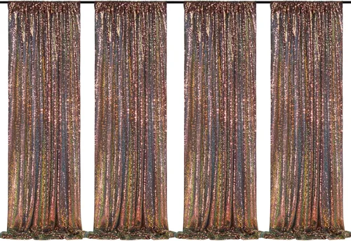 Cortinas de fondo de lentejuelas brillantes, 4 piezas de 2 x 8 pies, fondo de fiesta de cumpleaños en negro y dorado, cortinas de lentejuelas Negro