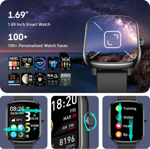 Miniatura 6 de KALINCO Reloj inteligente para hombre, rastreador de fitness de 1.69 pulgadas con frecuencia cardíaca, presión arterial, seguimiento de oxígeno