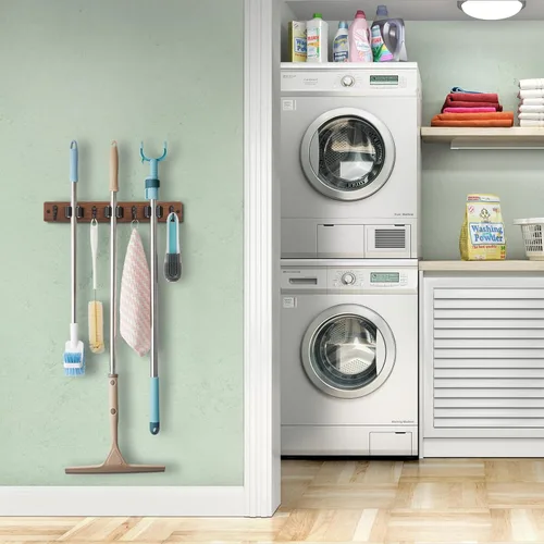 Miniatura 2 de OUTNILI Soporte de pared para escoba de fregona con 3 ranuras y 4 ganchos, colgador de escoba de madera para organización de cocina de despensa