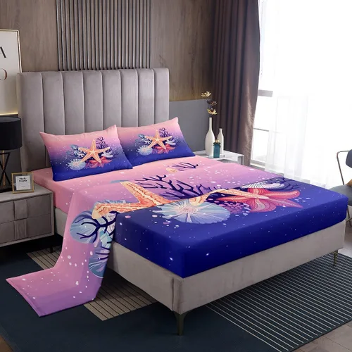 Miniatura 20 de Erosebridal Sábanas de sirena azul para niñas, juego de sábanas de unicornio lindo tamaño matrimonial, 4 piezas para niños, sábanas de arcoíris