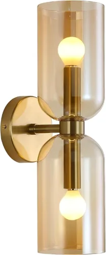 EFINEHOME Apliques minimalistas de pared dorados de 2 luces con pantallas de vidrio cilíndricas, luces dobles de pared de tocador de mediados de