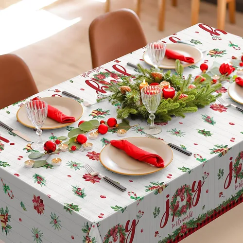 Miniatura 5 de 6 manteles de plástico de Navidad, manteles rectangulares desechables con guirnalda de acebos, manteles de Pascua de alegría al mundo y bayas