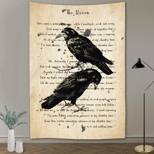 Miniatura 11 de FEASRT Tapiz gótico de calavera y cuervo, tapiz de pared The Raven Edgar Allan Poe, póster rústico de 51 x 60 pulgadas para sala de estar
