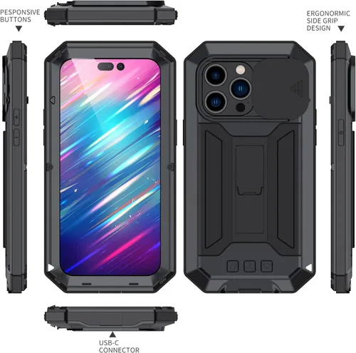 Miniatura 4 de Simicoo Funda compatible con iPhone 14 con protector de cámara de pantalla con función atril, resistente al agua, de metal militar, resistente