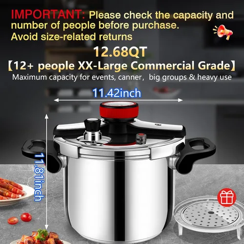 Miniatura 2 de Olla a presión de acero inoxidable de 12 cuartos de galón de cocina comercial para enlatar, compatible con gas e inducción, cocción rápida