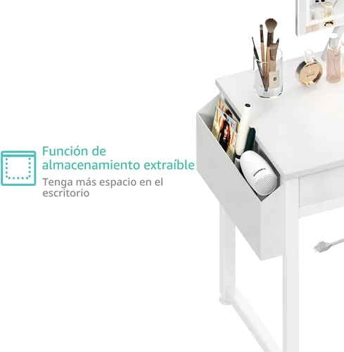 Miniatura 7 de Lufeiya Mesa de Tocador Pequeña para Maquillaje con Cajones de Tela, Mesa de Tocador Blanca de 32 Pulgadas con Espejo y Luz, Juego de Mesa
